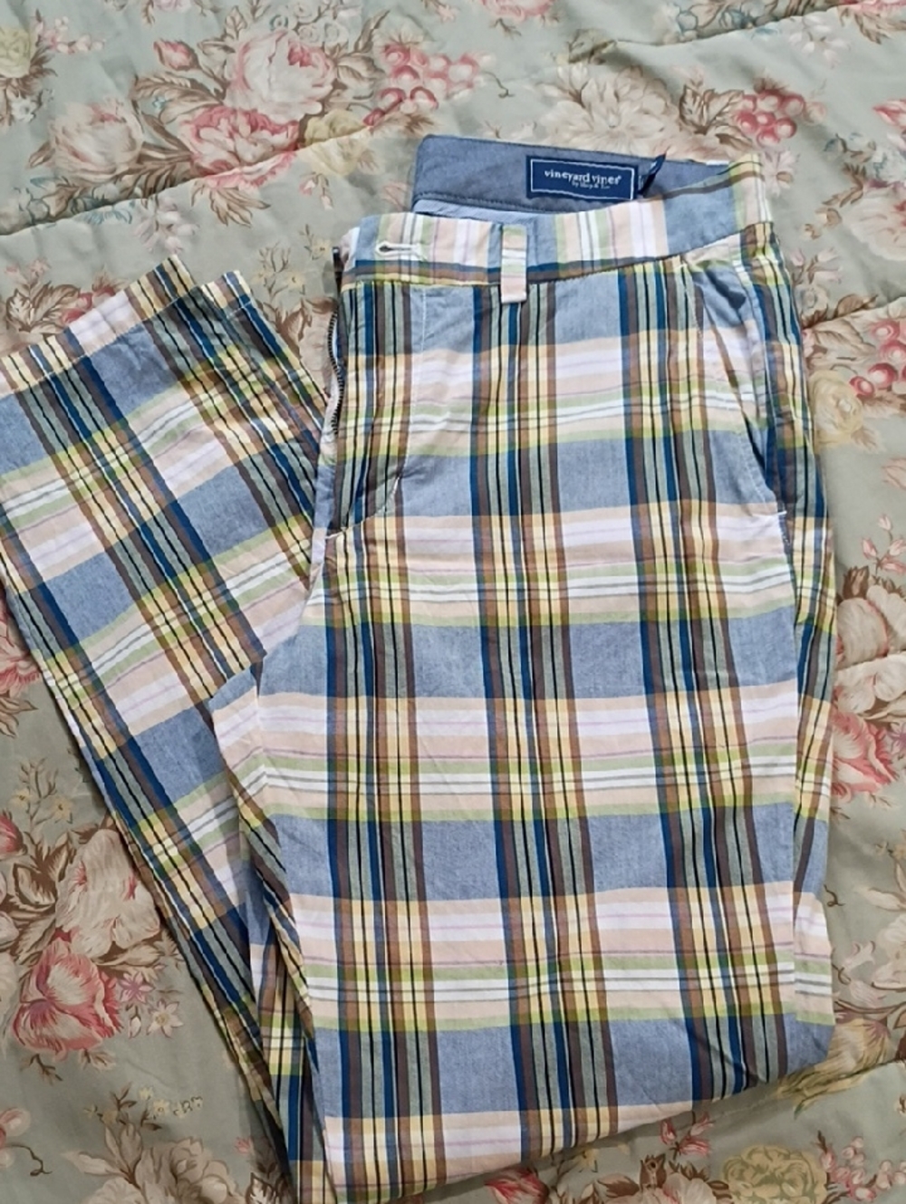 Vineyard Vines Blue and Tan Plaid Cotton Chinos